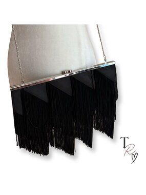 Black Fringe Clutch Evening Bag Convertible Chain Strap Boho Western Glam